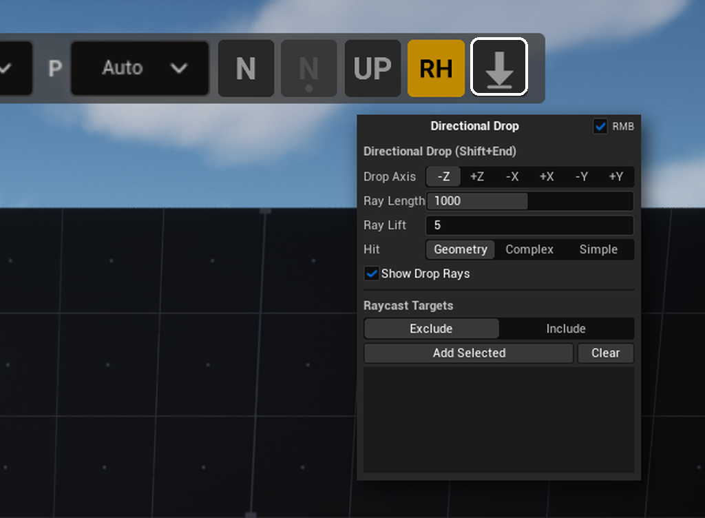 The Directional Drop button's popup: the Directional Drop header, the Drop Axis, Ray Length, Ray Lift and Hit fields and the Show Drop Rays checkbox, below them the Raycast Targets section