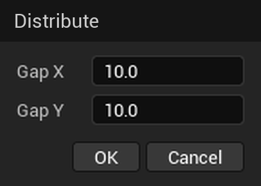 The Distribute window: the Gap X and Gap Y fields, the OK and Cancel buttons