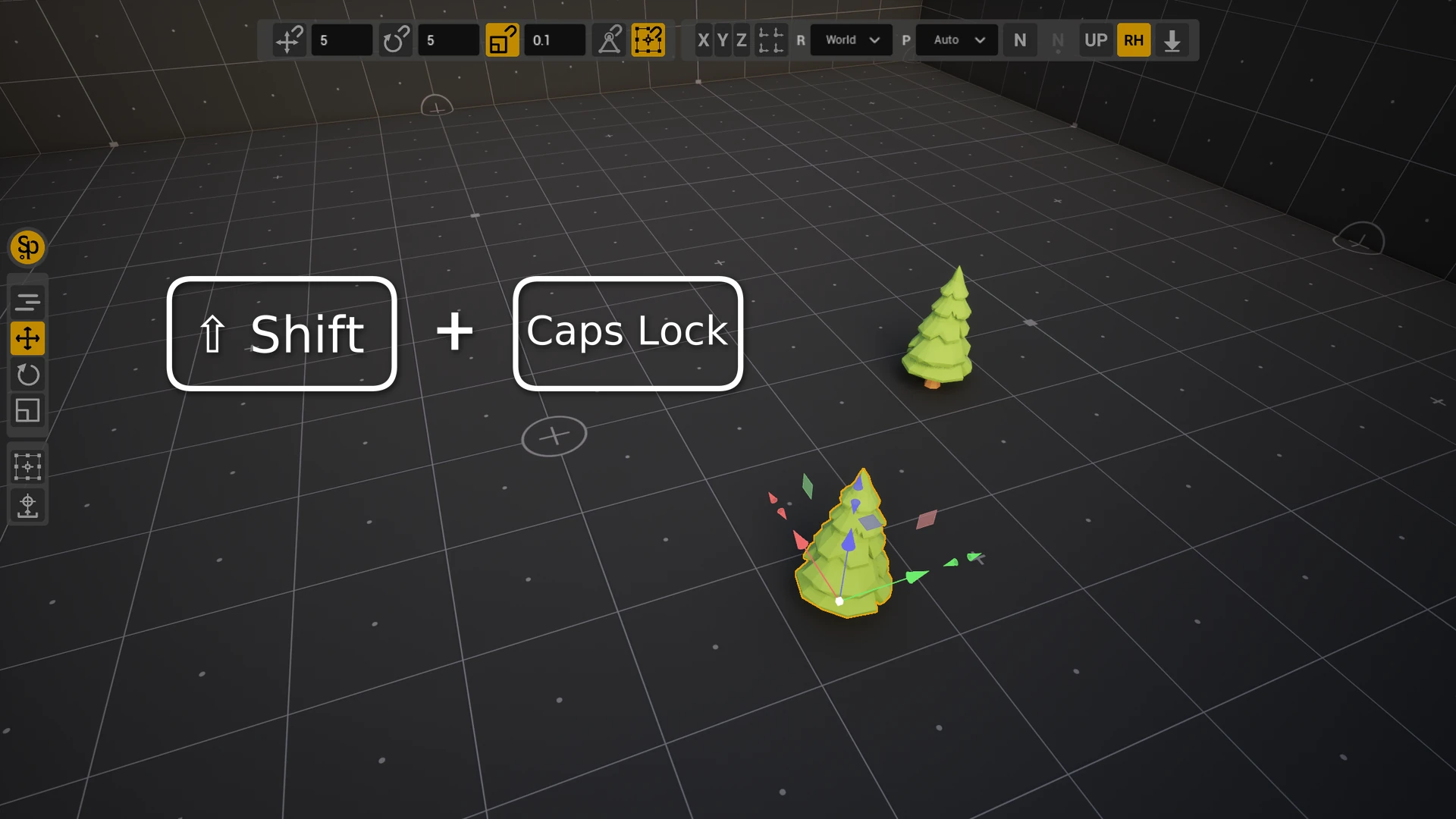 Shift+Caps Lock puts SuperPlacer to sleep and wakes it up: in one frame the Stripe UI, the Column UI and the SuperPlacer gizmo on a tree, in the other no SuperPlacer interface and the engine's stock gizmo on the tree