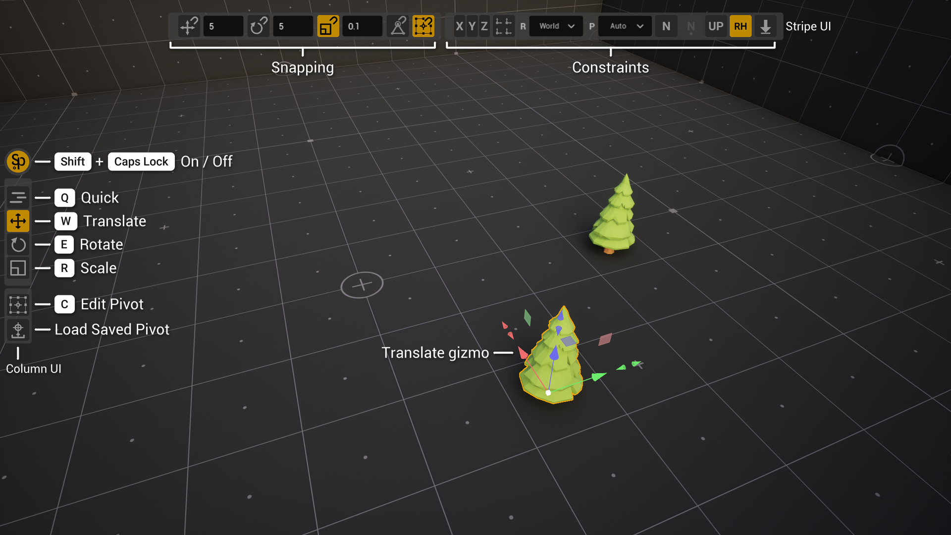The level viewport: the Stripe UI at the top with the Snapping and Constraints groups, the Column UI on the left with the labelled buttons On / Off, Quick, Translate, Rotate, Scale, Edit Pivot and Load Saved Pivot; the selected tree has the Translate gizmo on it