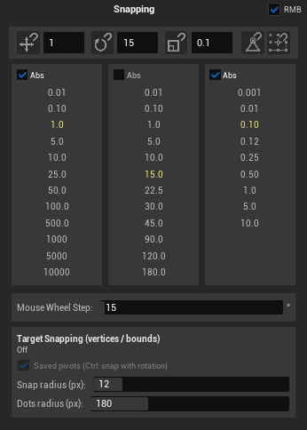 The Snapping popup: the header with the RMB checkbox, the snapping buttons with their step fields, the step lists for moving, rotating and scaling, Mouse Wheel Step and the Target Snapping section
