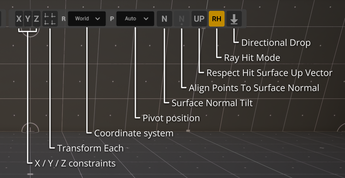 The Constraints group in the Stripe UI: the X / Y / Z buttons, Transform Each, the coordinate system and pivot position dropdowns, Surface Normal Tilt, Align Points To Surface Normal, Respect Hit Surface Up Vector, Ray Hit Mode and Directional Drop are labelled