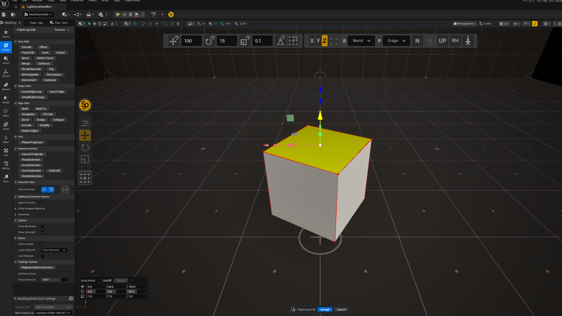 The PolyGroup Edit tool: the cube's top face is selected and carries the SuperPlacer Translate gizmo, the Modeling panel with the tool's buttons on the left, the Stripe UI at the top