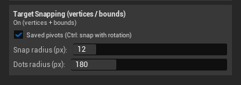 The Target Snapping (vertices / bounds) section of the Snapping popup: the status line On (vertices + bounds), the Saved pivots checkbox on, Snap radius 12 and Dots radius 180