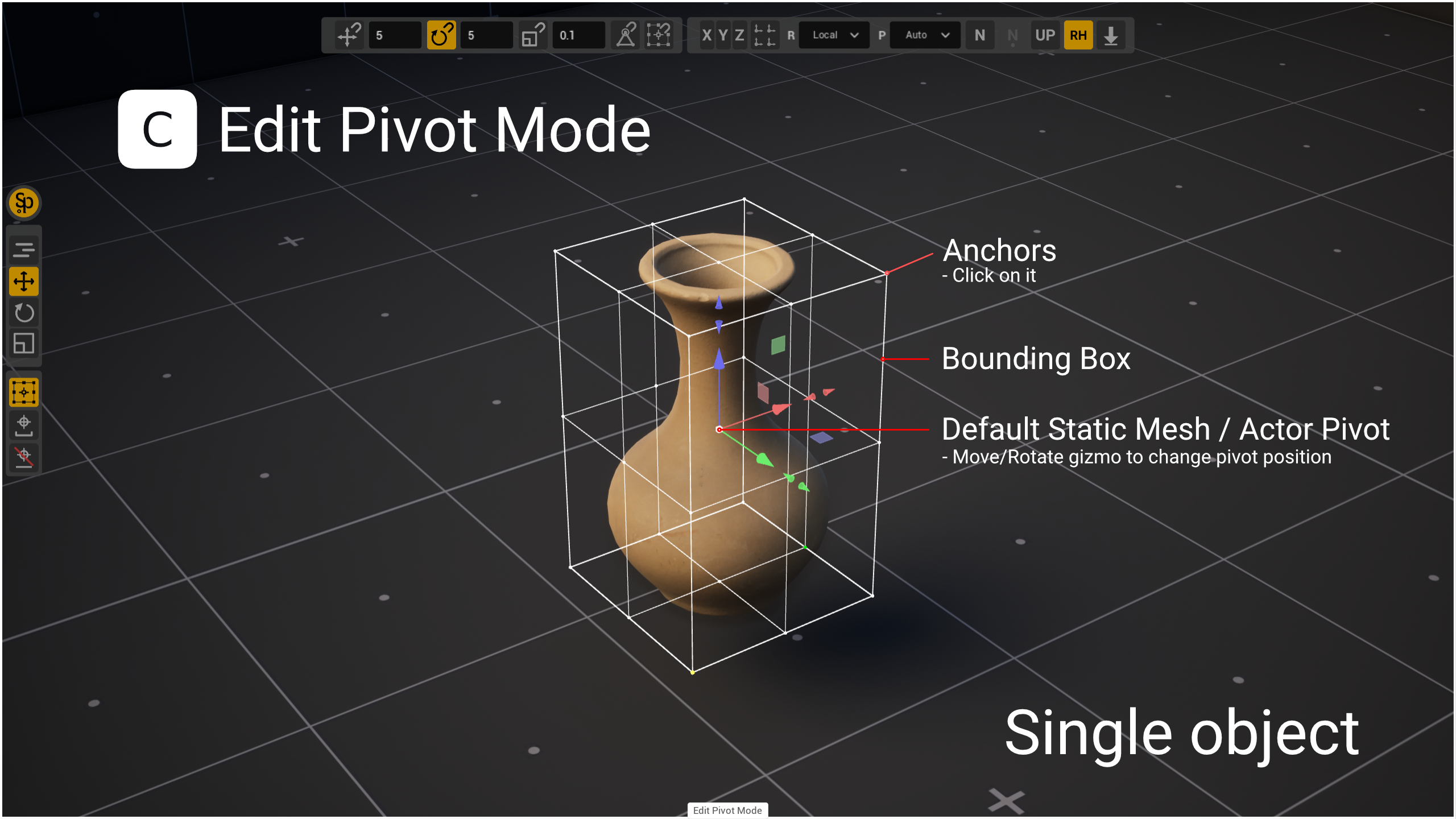 Edit Pivot on one vase: the bounding box with its anchors, the gizmo in the vase's own pivot