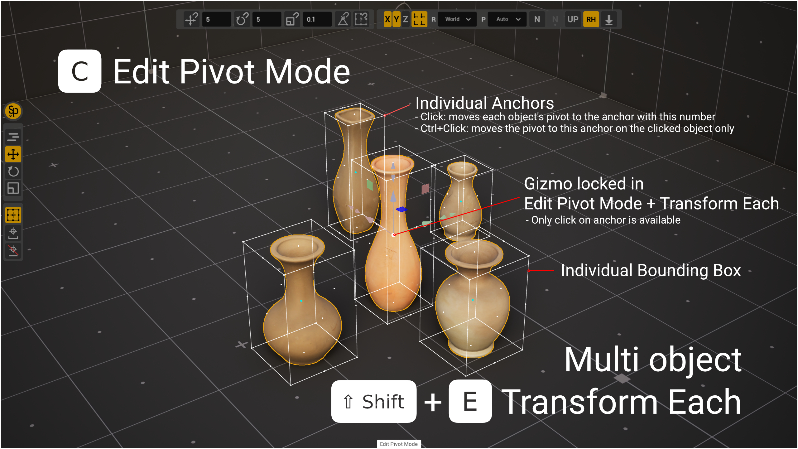 Edit Pivot with Transform Each on five vases: a box on each vase, the grey gizmo in the pivot of the vase selected last