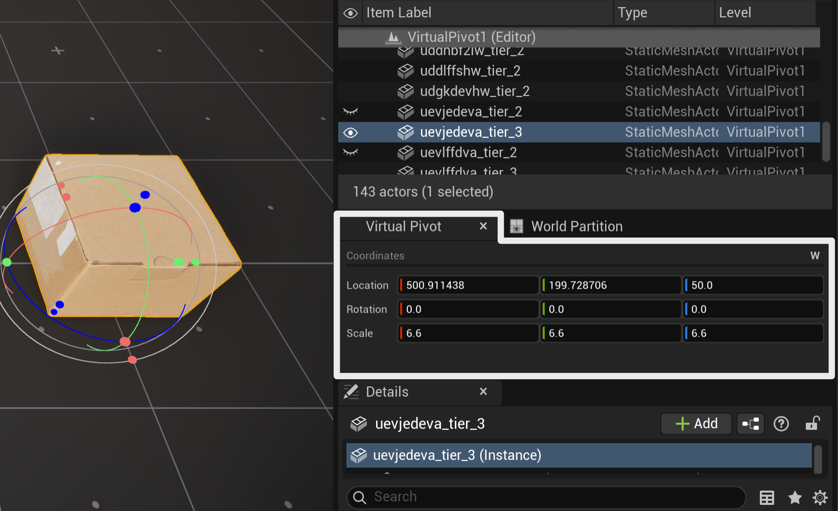 The Virtual Pivot window docked next to the Details panel: the Location, Rotation and Scale rows and the letter W to the right of Coordinates